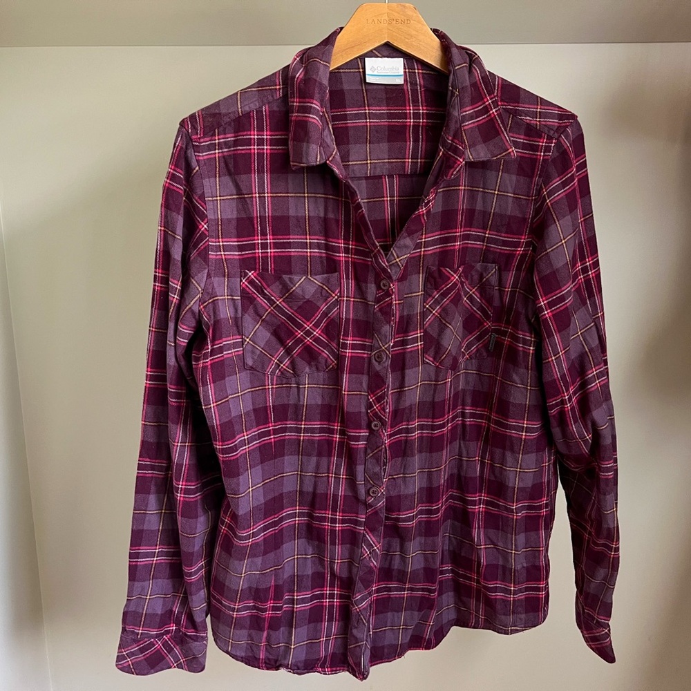 Columbia Women's Plaid Button Down Shirt - Burgundy and Pink